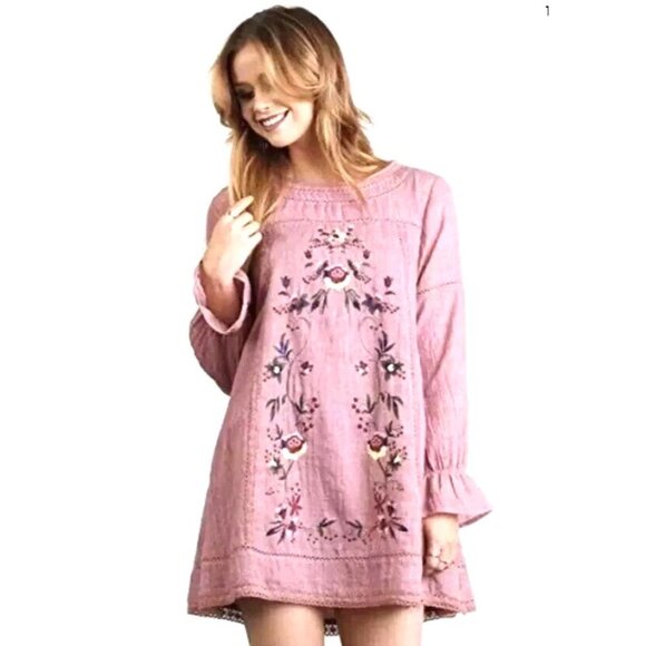 Giddy Up Glamour Embroidered Floral Boho Cottage Tunic Dress Crochet Plus SZ 2XL - Picture 1 of 13